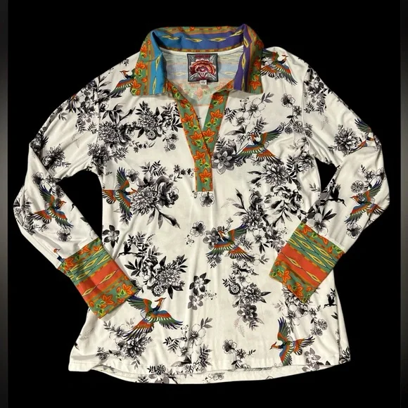 Johnny Was Floral and Bird Print Long Sleeve Shirt. Dreamer Garden. Size Medium - Picture 1 of 5